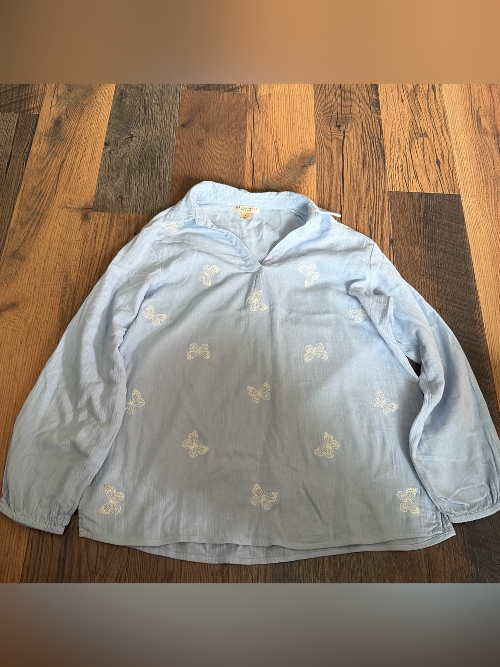 Studio West Light Blue Butterfly Embroidered Long Sleeve Blouse